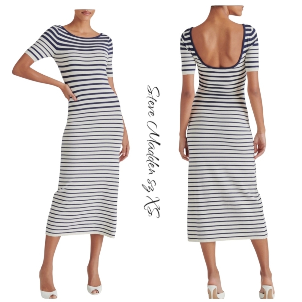 NWT Steve Madden Selah Stripe Knit Midi Dress Size S Ivory Navy Bodycon Neutral